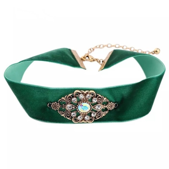 Retro Green Velvet Choker Necklace Statement Thick - Picture 3 of 6